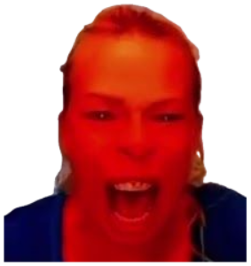 Red-tinted close-up of a woman screaming wide-mouthed at the camera sticker