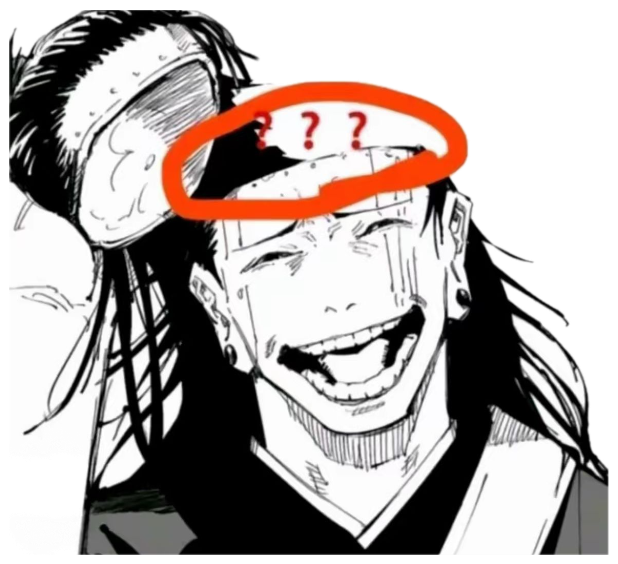 Manga character grinning with question marks circled on their forehead sticker