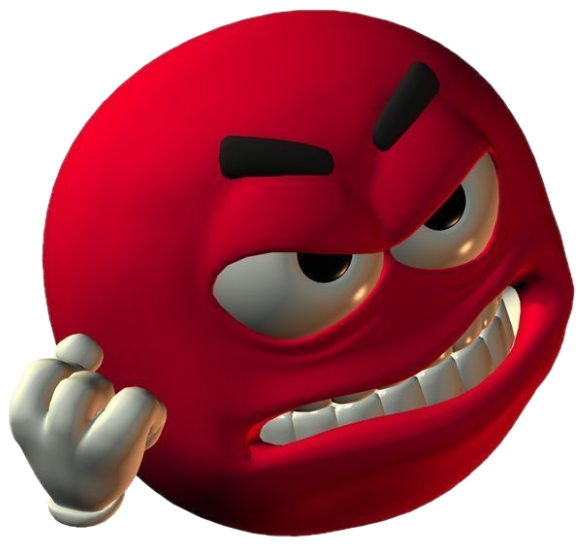 Glossy red 3D emoticon scowling and raising its fists in cartoonish rage sticker