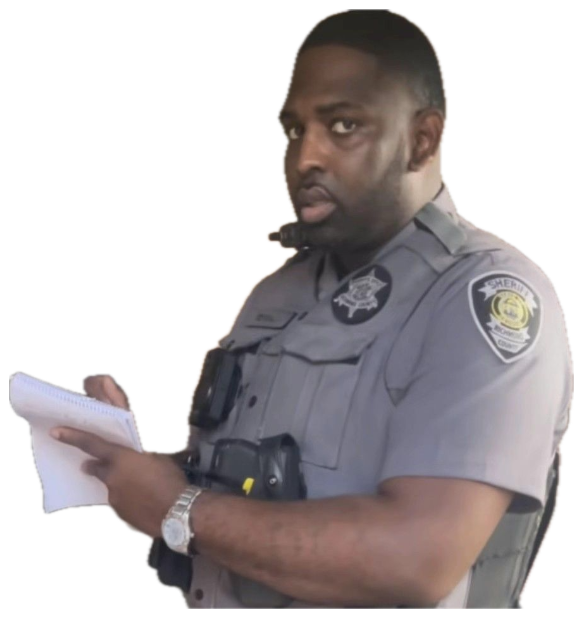 Sheriff's deputy at a doorway giving a skeptical side-eye while holding a notepad sticker