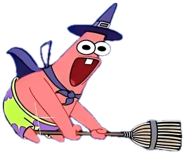 Patrick Star in a witch hat screaming while flying on a broomstick sticker