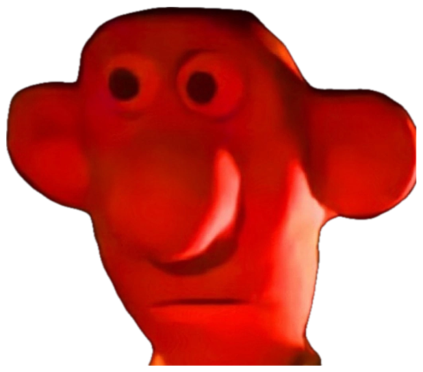 Red-lit claymation puppet grinning with a wide, unsettling stare sticker