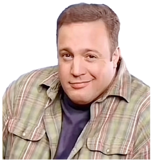 Kevin James leaning with a sly, self-satisfied smirk in a plaid shirt sticker