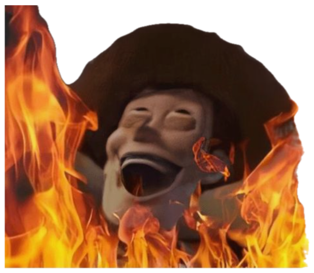 Woody engulfed in flames laughing with his mouth wide open sticker