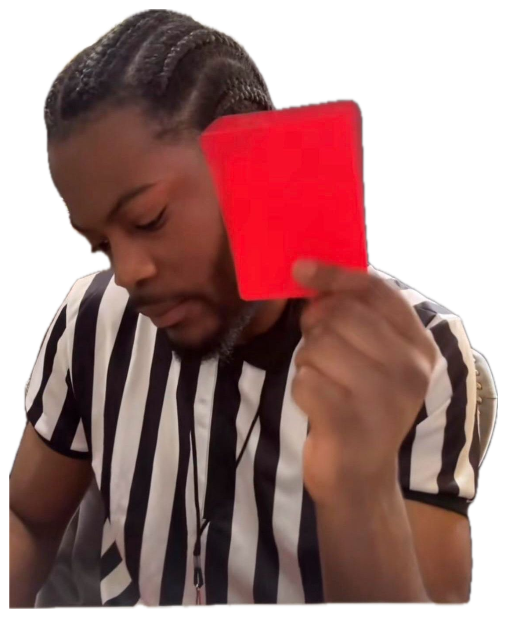 Referee in a striped jersey holding up a red card with a done, unimpressed look sticker