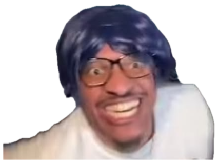 Man in a blue wig and glasses pulling a wild, wide-eyed manic grin sticker
