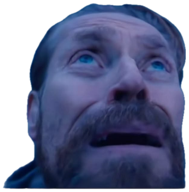 Bearded man lying on the ground gazing up with a terrified, tearful stare sticker
