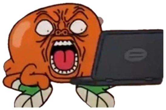 Orange cartoon fish screaming rage-face at a laptop sticker