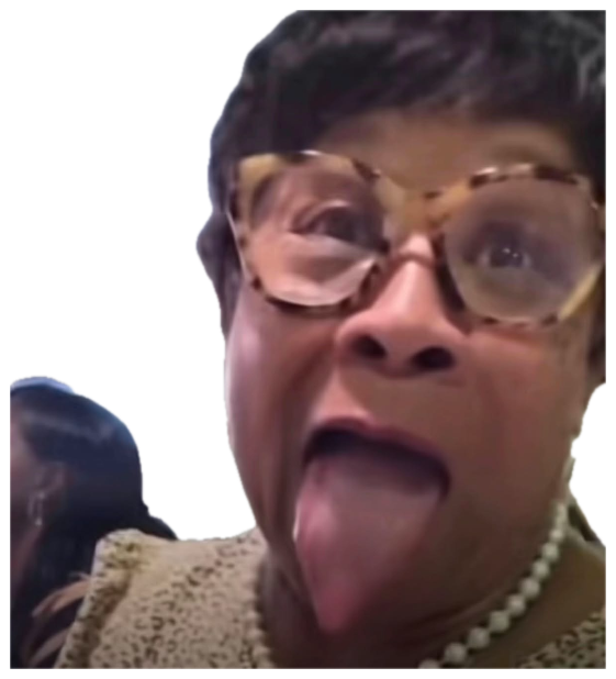 Older woman in big glasses sticking her tongue way out for a goofy dramatic face sticker