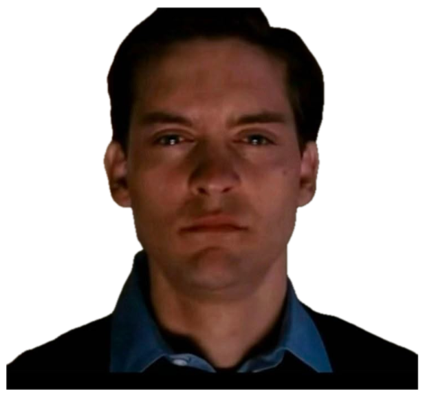 Tobey Maguire staring into the camera with a flat, empty deadpan expression sticker