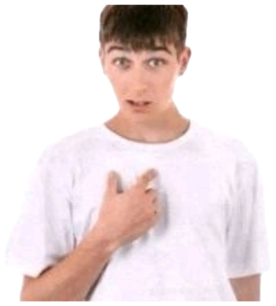 Teen in a white shirt looking flustered and awkward, hand on his chest sticker