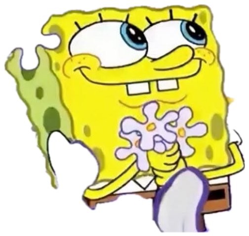 SpongeBob sitting dreamily in a field of flowers with a soft flirty smile sticker