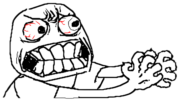 Crude rage-face doodle baring its teeth with bloodshot eyes and clenched fists sticker