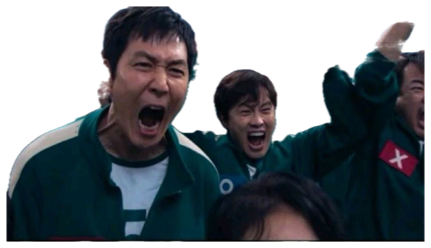 Squid Game players in green tracksuits roaring and pumping fists in celebration sticker