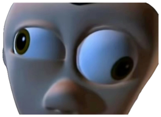 Wall-eyed 3D cartoon face with eyes pointing in different directions, dazed and confused sticker
