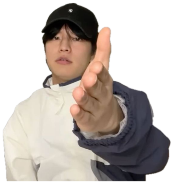 Man in a cap reaching a hand toward the camera with a flat, serious face sticker
