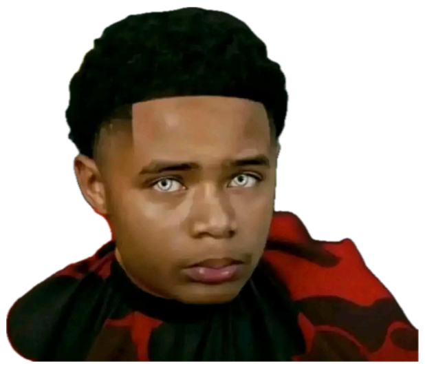 Young man in a barber cape staring blankly ahead with a deadpan expression sticker