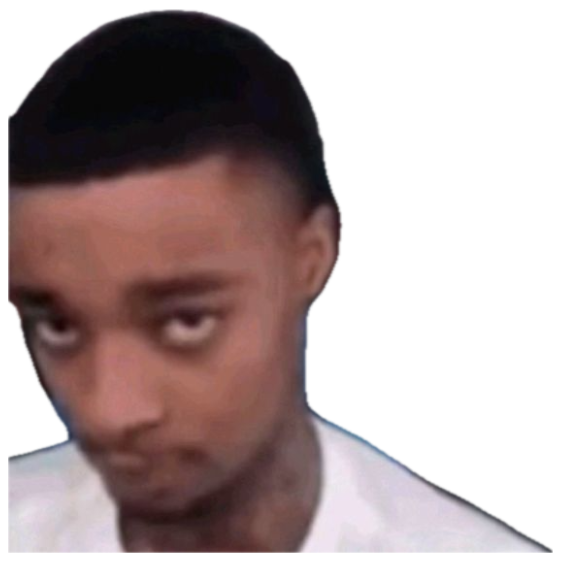 Young man glancing sideways with a deeply skeptical side-eye in a crowded venue sticker