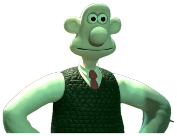 Wallace from Wallace and Gromit standing hands-on-hips with a mild, satisfied grin sticker