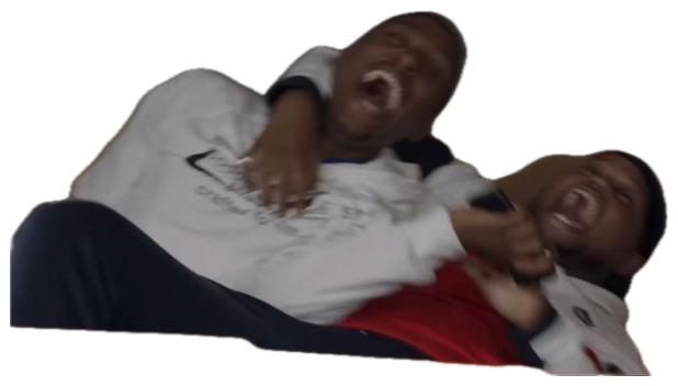 Two guys on a couch completely losing it, one sprawled over the other in hysterics sticker
