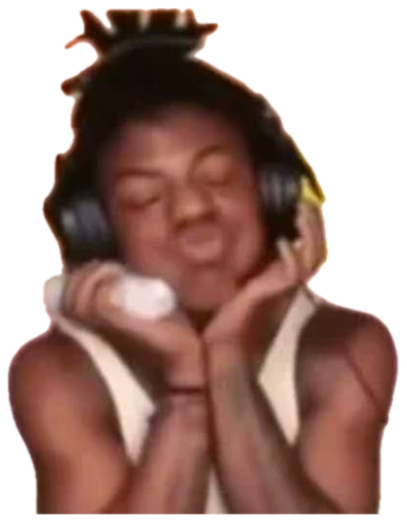 Young person with headphones on, eyes closed and head tilted in blissful contentment, cradling the headset sticker