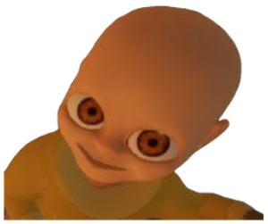 Low-poly 3D baby staring up with a wide-eyed, unsettling little smile sticker