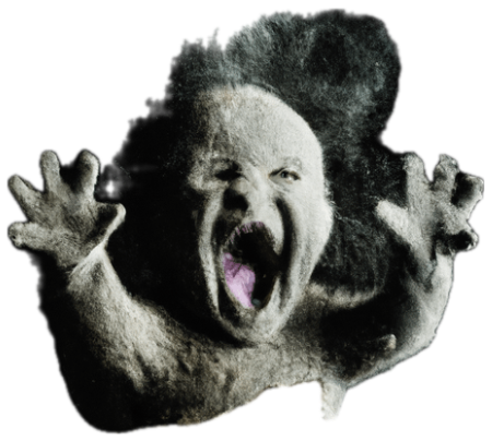 Felt-like humanoid creature bursting from rubble with mouth wide open and arms raised in the dark sticker