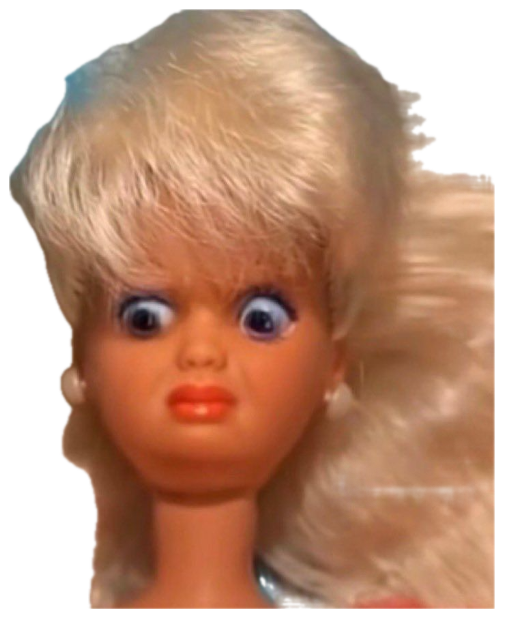 Barbie doll with a deeply unsettling wide-eyed expression and pursed lips sticker