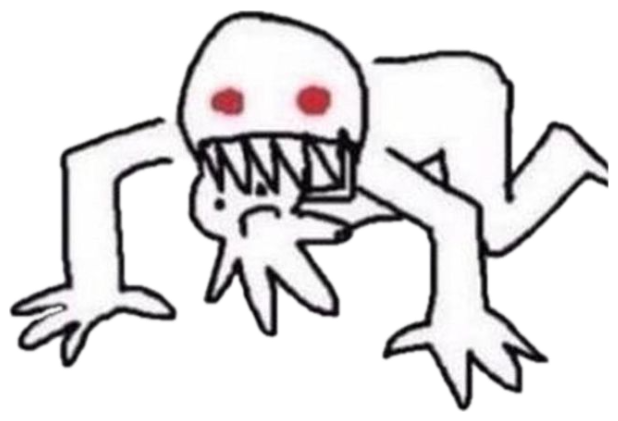 Crude drawing of a red-eyed feral creature growling 'hhrf.... hrhrg' sticker