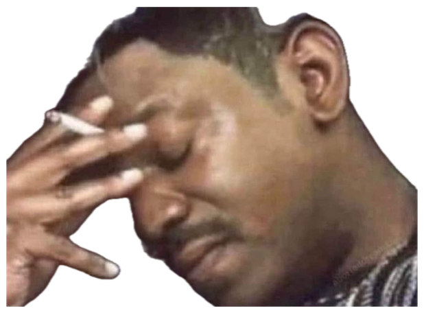 Man holding a cigarette and pressing his hand over his face in pure exhaustion sticker