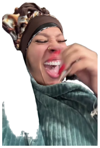 Woman in a bonnet lying back and laughing hard while pointing at the camera sticker