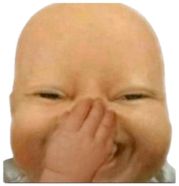 Baby scrunching up and covering their nose while stifling a laugh sticker