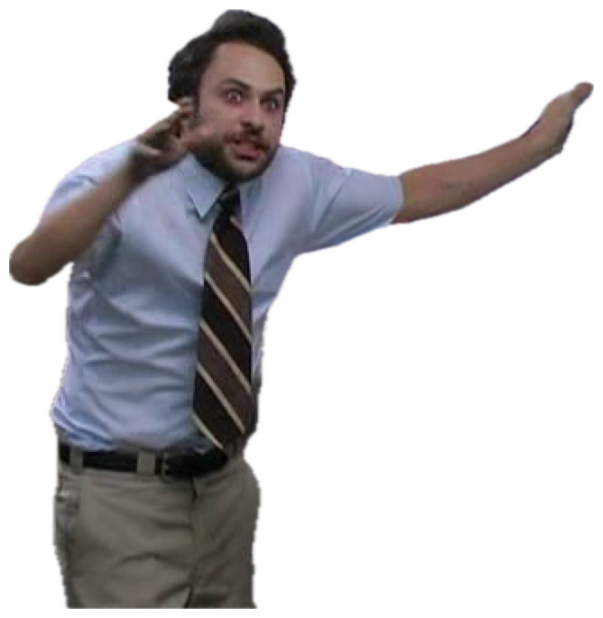 Frantic man in shirt and tie ranting in front of a chaotic conspiracy board sticker