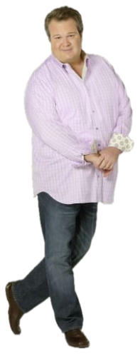 Heavyset man in a pink shirt posing casually with a self-satisfied half-smile sticker