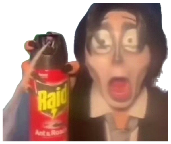 Cartoon villain recoiling in horror at a can of Raid bug spray sticker