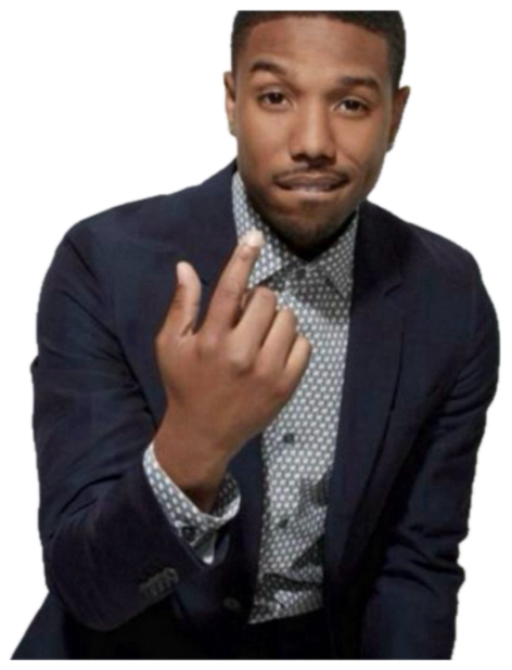 Michael B. Jordan in a blazer making a come-hither gesture with a confident smirk sticker