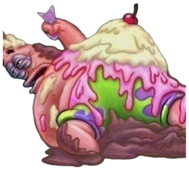Patrick Star sprawled out covered in melted sundae, ice cream and a cherry on top sticker