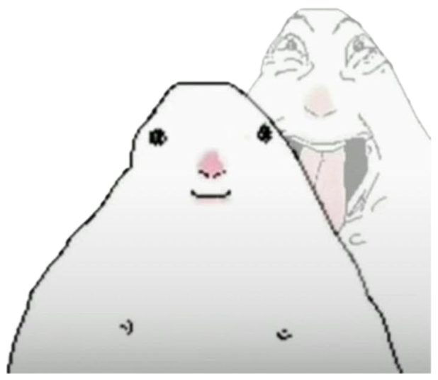 Two pixel cartoon blobs side by side — one calm, one poking its head in menacingly sticker