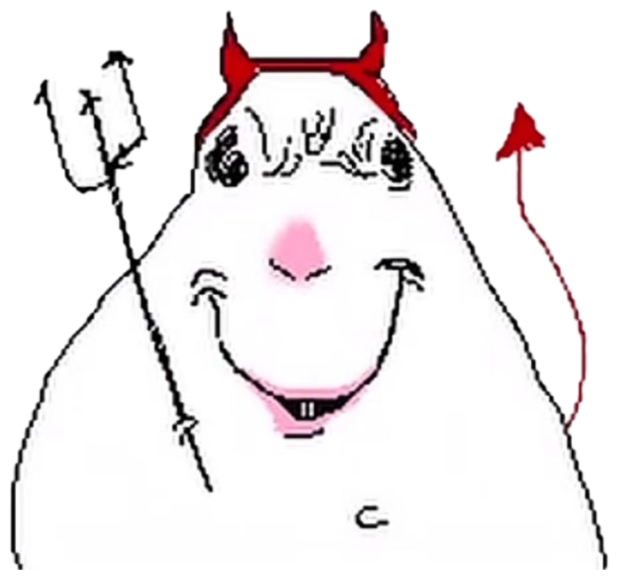Crude MS Paint blob doodle with tiny devil horns, tail and trident grinning mischievously sticker