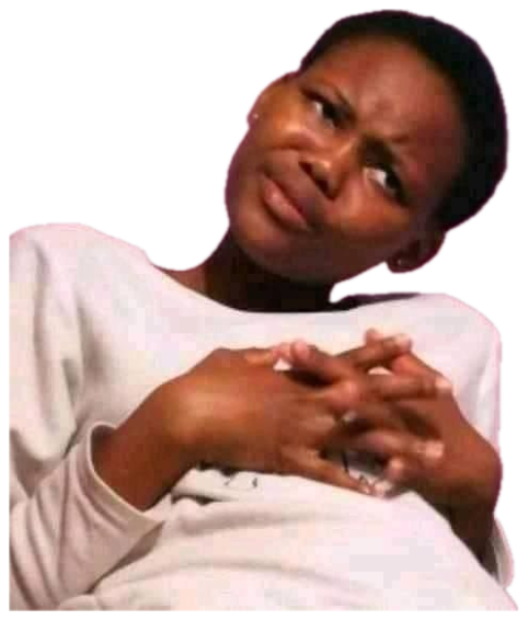 Woman clasping her hands and squinting up with a skeptical, scheming side-eye sticker