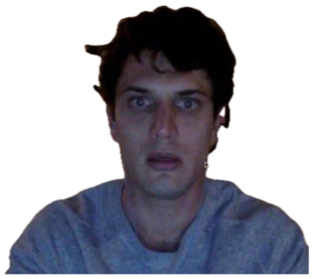 Man on a webcam staring wide-eyed and stunned in his apartment sticker