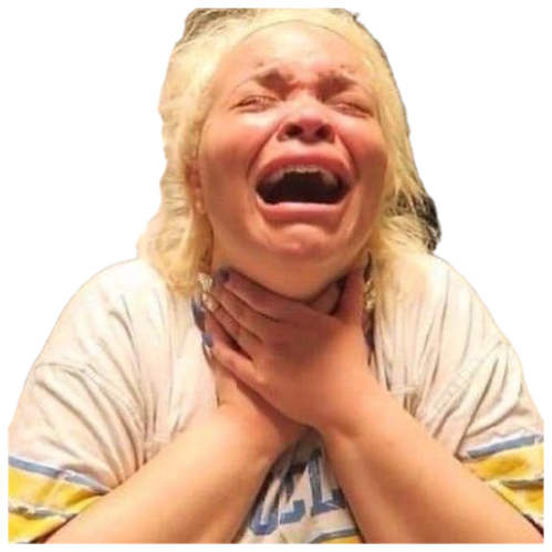 Blond woman wailing and clutching her own throat in absolute anguish in a kitchen sticker