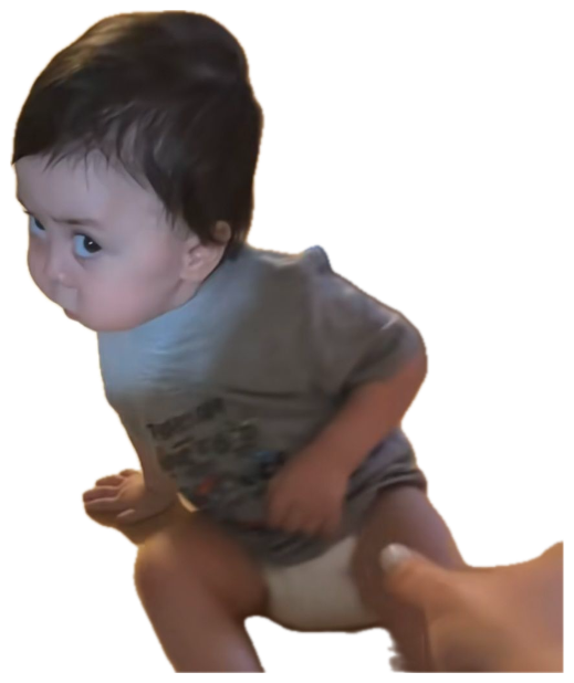 Baby looking sideways with a deeply skeptical side-eye as an adult holds them up sticker