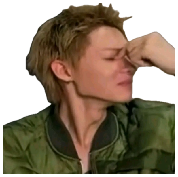 Person with short blonde hair pinching the bridge of their nose with eyes shut in exasperation sticker
