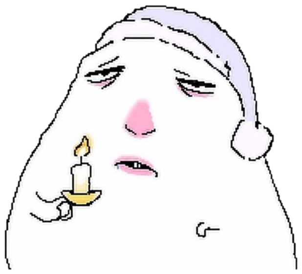 Pixelated doodle face in a nightcap holding a candle, looking sleepy and sad sticker