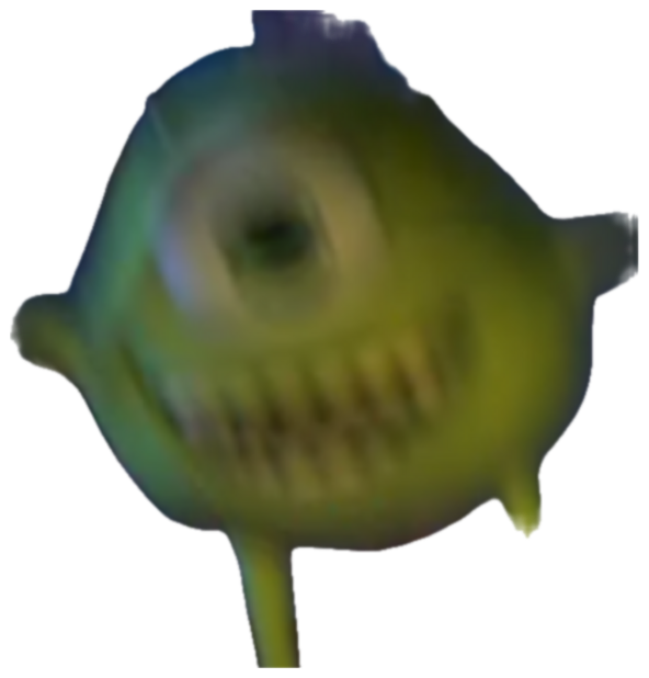 Blurry cursed close-up of a one-eyed green monster grinning wide sticker