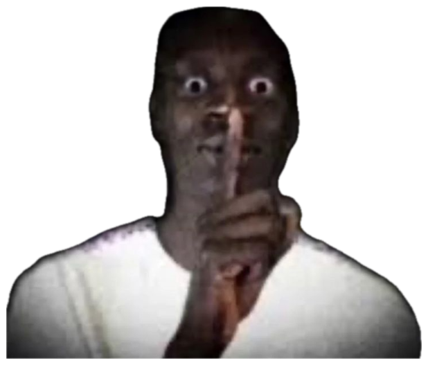 Wide-eyed man in the dark holding a finger to his lips to shush you sticker