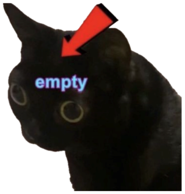 Black cat with glowing void eyes staring back, arrow pointing to it labeled 'empty' sticker