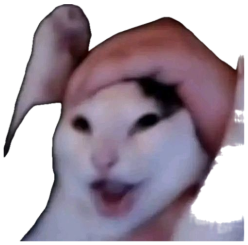 White cat squished between two hands with a wide-open, slightly manic grin sticker