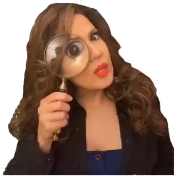 Woman holding a magnifying glass to one eye, inspecting you very closely sticker